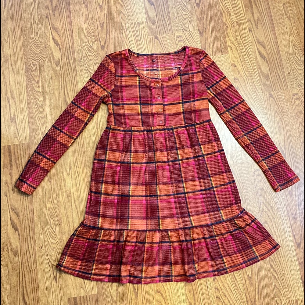 Smock dress plaid Sz Medium long sleeve, soft waffle fabric with stretch. SO